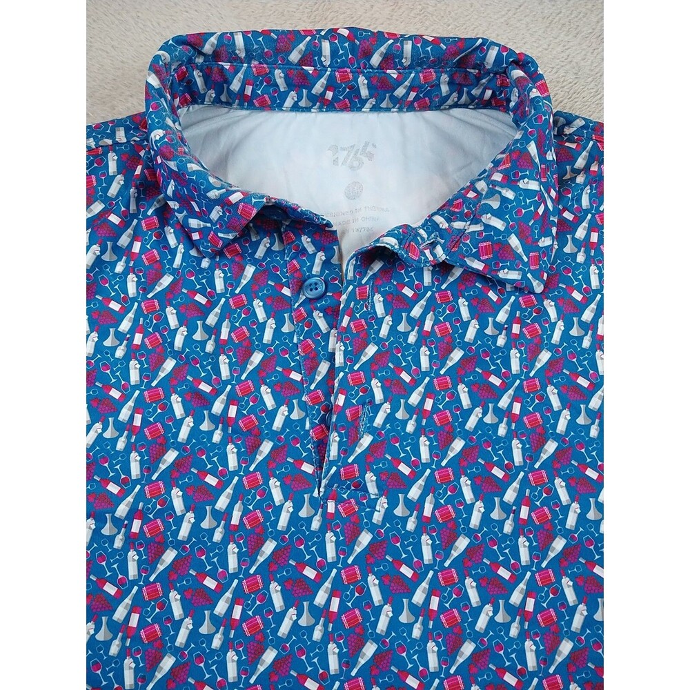 1764 Golf Polo Shirt Men’s Medium All Over Print Wine Bottles Barrels Glasses